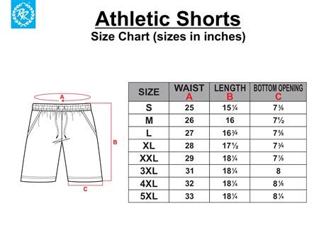 men's shorts measurement chart.